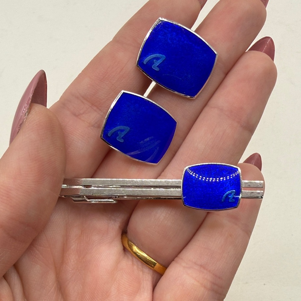 Vintage TV Asahi Cufflinks & Tie Clip Set Blue Enamel Silver Tone Japanese Media